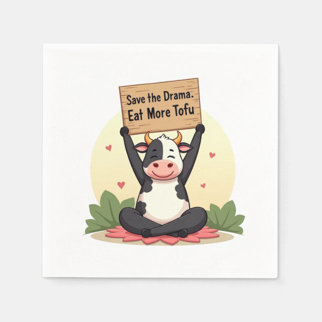 Guardanapo De Papel Zen Cow Protest – Save the Drama, Eat More Tofu (Frente)