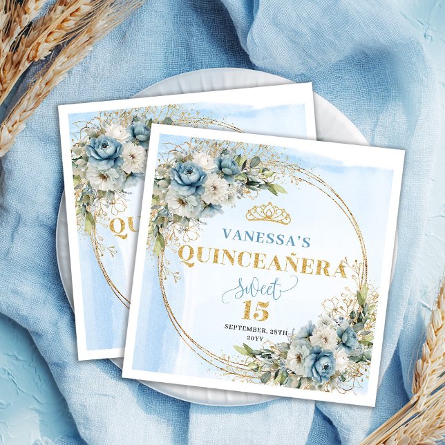 Guardanapos Boho Watercolor Flores Azuis Quinceañe (Boho Watercolor Blue Flowers Quinceañera Napkins)