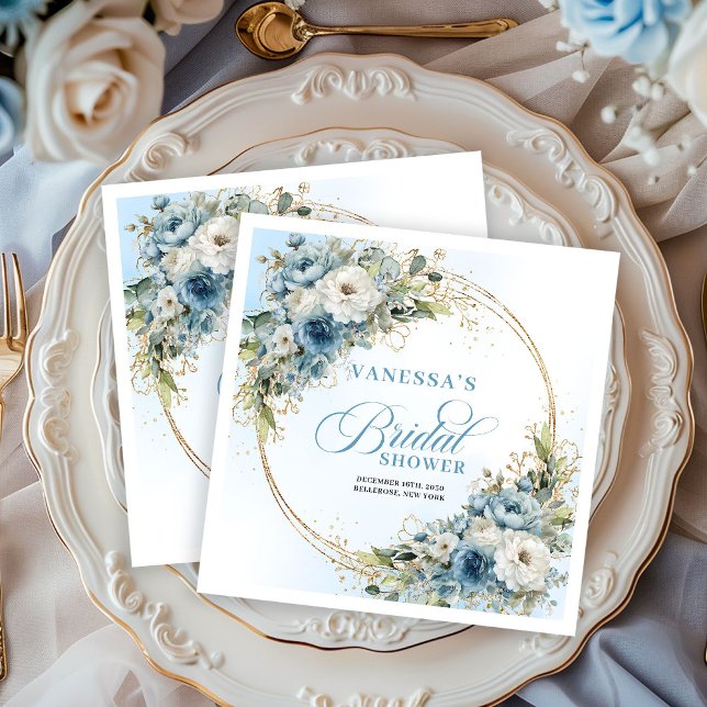 Guardanapos com Flores Azuis Bohemianas e Brilho D (Bohemian Light Blue Flowers Gold Glitter Napkins)