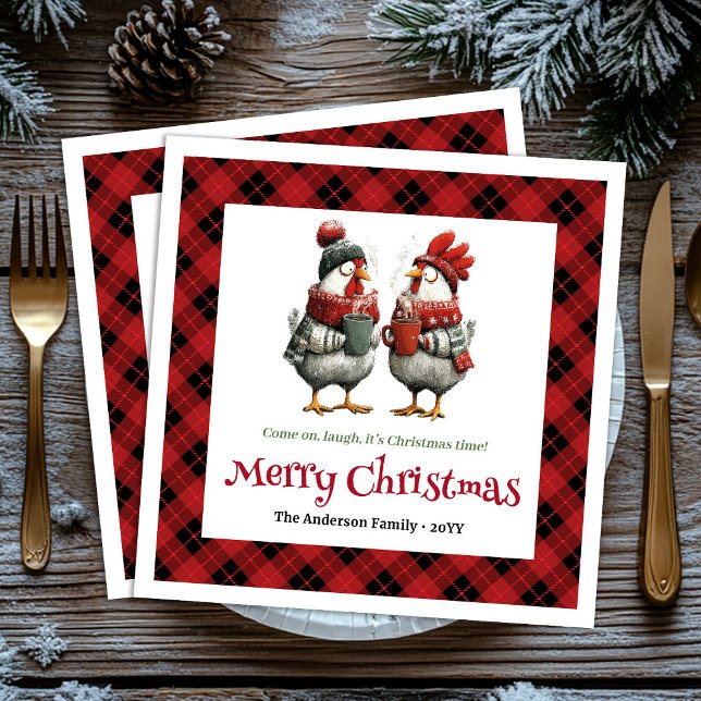 Guardanapos com galinhas festivas caprichosas e no (Modern Quirky Chickens Editable Cartoon Red Green Christmas Napkins

)