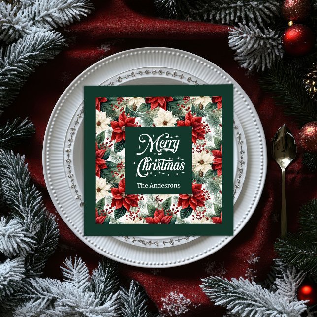 Guardanapos com Nome Personalizado Vermelho Verde  (Custom Name Napkins Red Green Christmas Flowers)