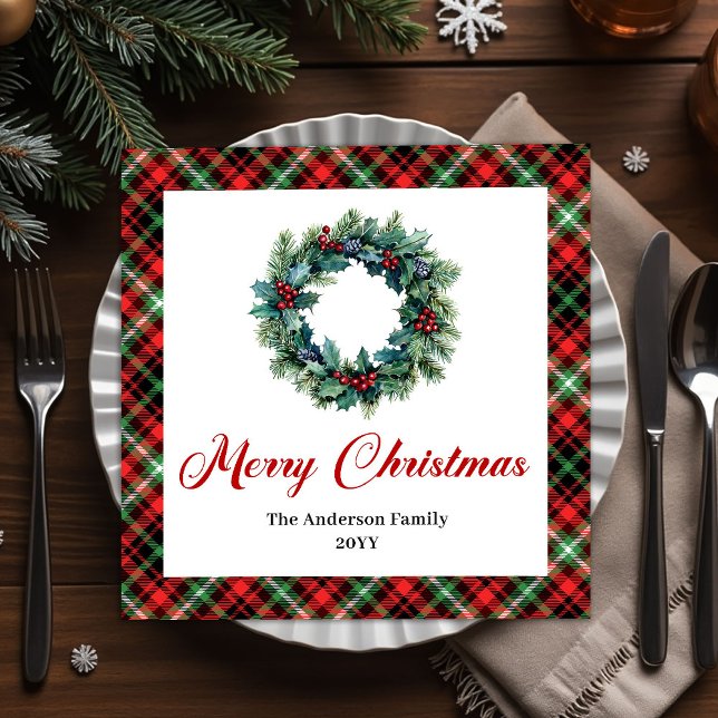 Guardanapos com Tema de Natal em Xadrez Verde e Ve (Rustic Red Green Plaid Christmas Wreath Napkins)