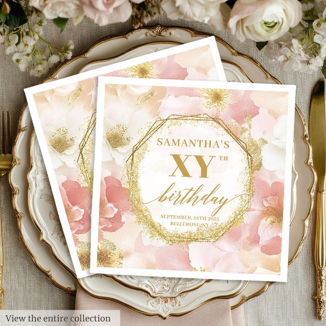 Guardanapos de Aniversário 80 com Texto Personaliz (Elegant Gold Blush 80 Birthday Napkins Custom Text)