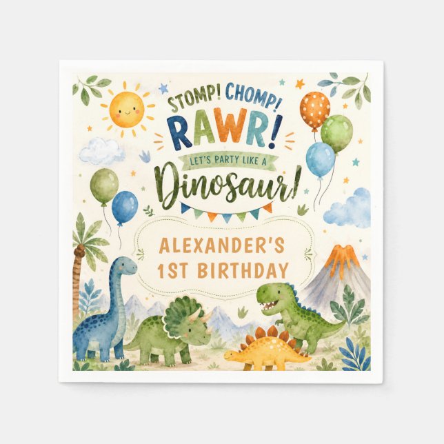 Guardanapos de aniversário de dinossauro fofo para (Frente)