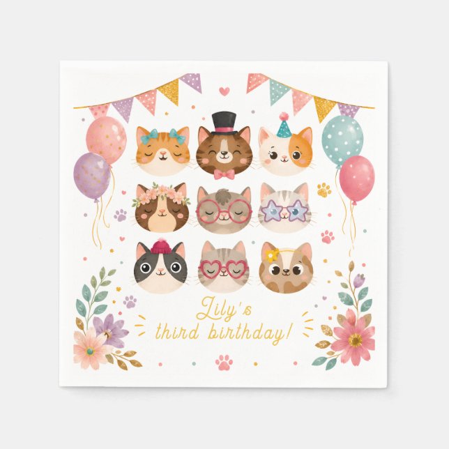 Guardanapos de Aniversário de Gatinho Fofo (Frente)