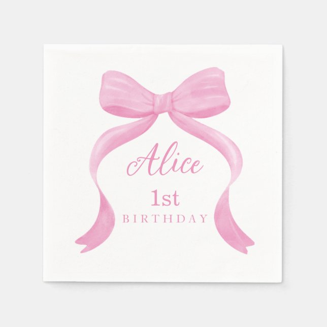 Guardanapos de Aniversário de Um Ano com Laço Rosa (Frente)