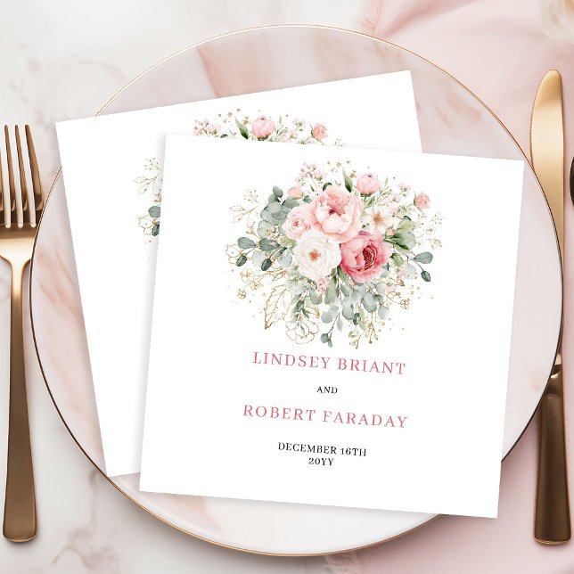 Guardanapos de casamento atemporais com rosas cor- (Timeless Blush Roses Greenery Wedding Napkins)