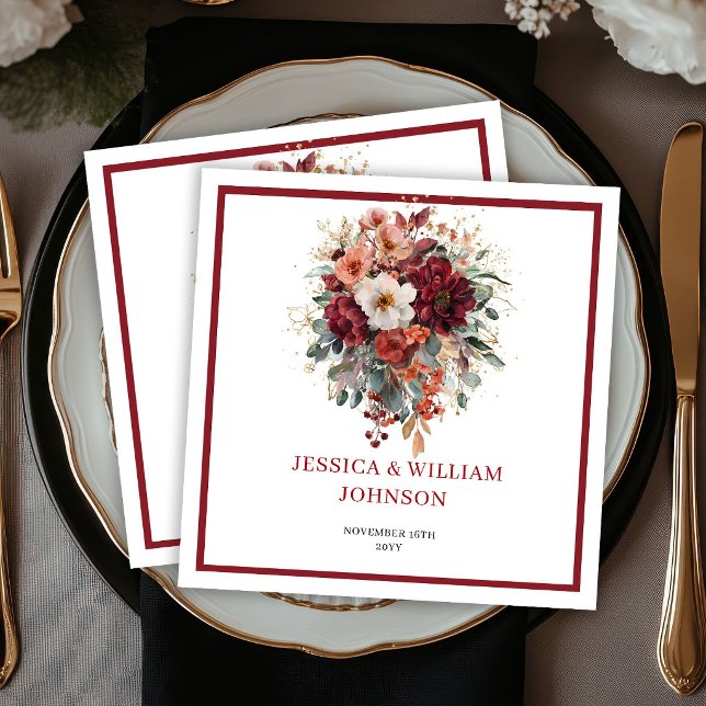Guardanapos de casamento Boho Floral Marrom Outono (Fall Maroon Floral Boho Eucalyptus Wedding Napkins

)