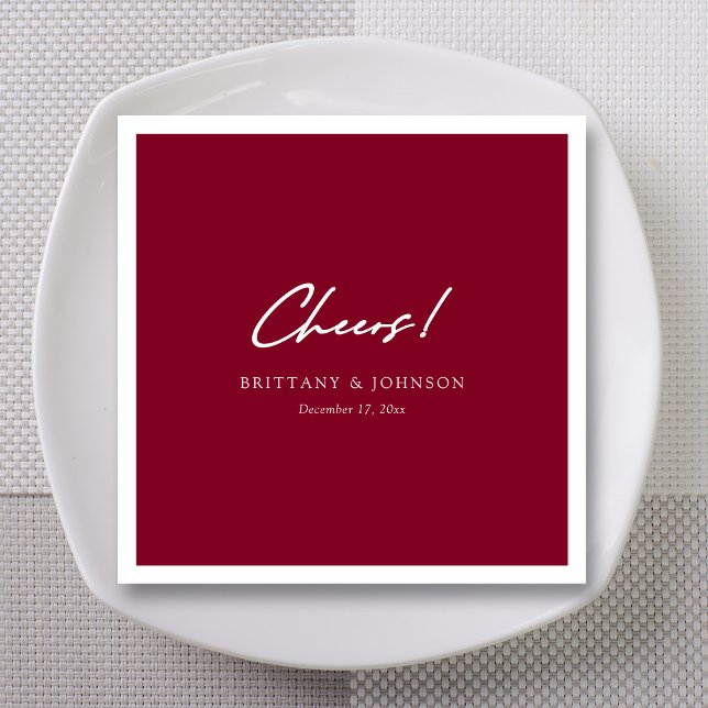 Guardanapos de casamento bordô personalizados (Personalized Unique White Cheers Script Burgundy Wedding Napkins)