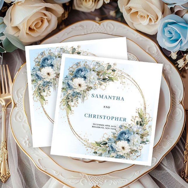 Guardanapos de casamento Chic Blue Peony Gold Glit (Chic Blue Peony Gold Glitter Frame Wedding Napkins)
