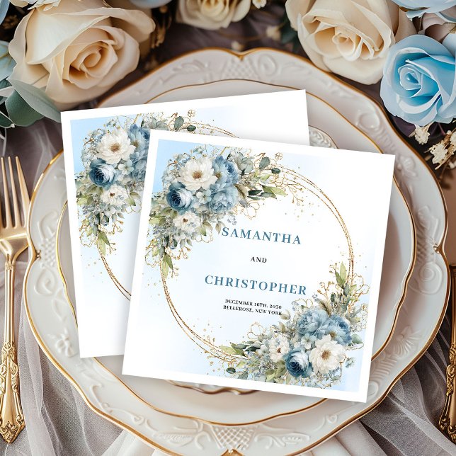Guardanapos de casamento com brilho dourado e flor (Romantic Blue Floral Gold Glitter Wedding Napkins)