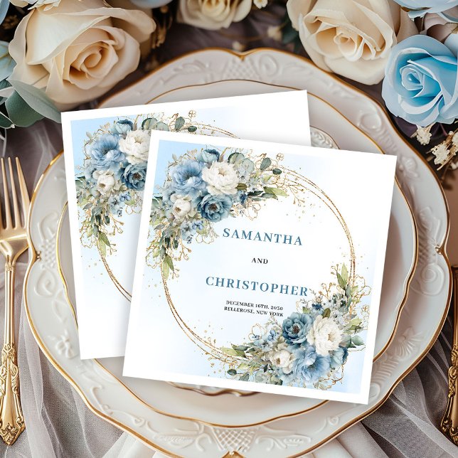 Guardanapos de casamento com brilho dourado e flor (Modern Blue Floral Gold Glitter Wedding Napkins)