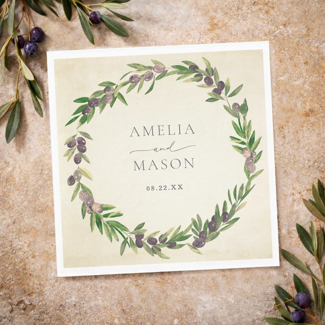 Guardanapos de casamento com coroa de oliveira bot (Rustic Botanical Olive Wreath Wedding Napkins)