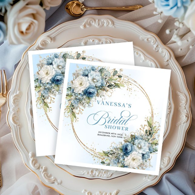 Guardanapos de casamento com moldura dourada e flo (Watercolor blue flowers gold frame bridal napkins)