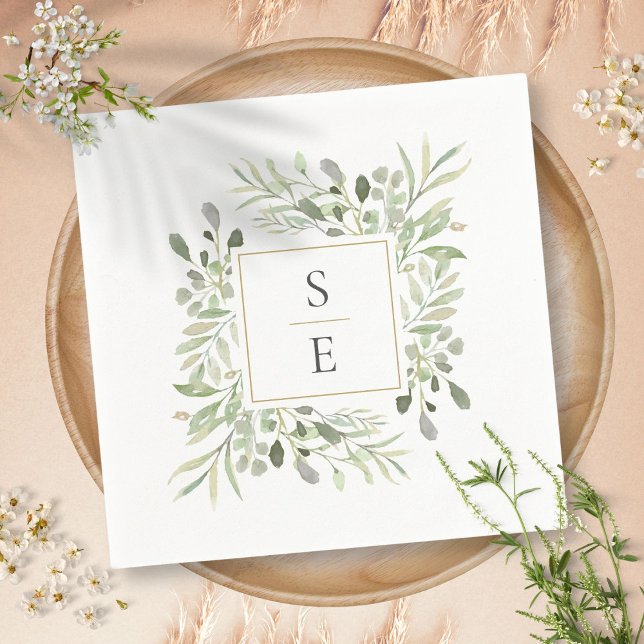 Guardanapos de casamento com monograma dourado e f (Greenery Foliage Gold Monogram Wedding Napkins)