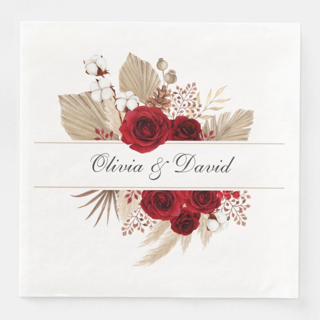Guardanapos de casamento com rosas Borgonha e gram (Frente)