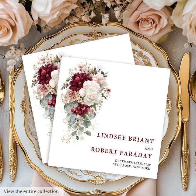 Guardanapos de casamento de rosas douradas em marr (Minimalist Boho Maroon Gold Roses Wedding Napkins

)