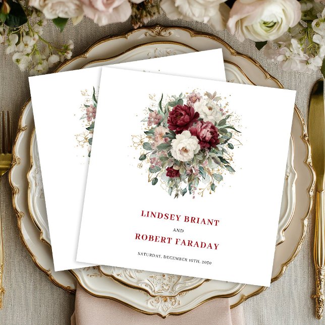 Guardanapos de casamento dourados com flores verde (Glam Marsala Floral Greenery Gold Wedding Napkins)