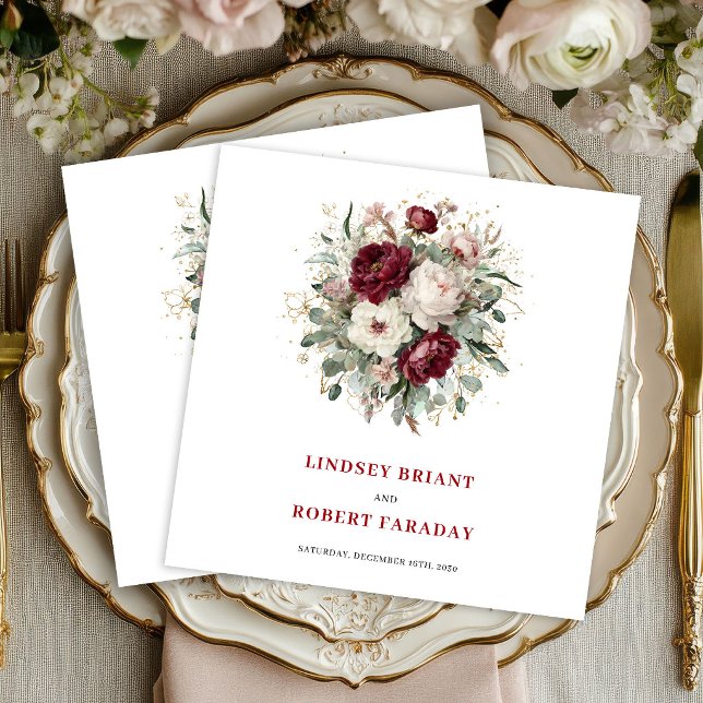 Guardanapos de casamento dourados com flores verde (Chic Deep Red Floral Greenery Gold Wedding Napkins)