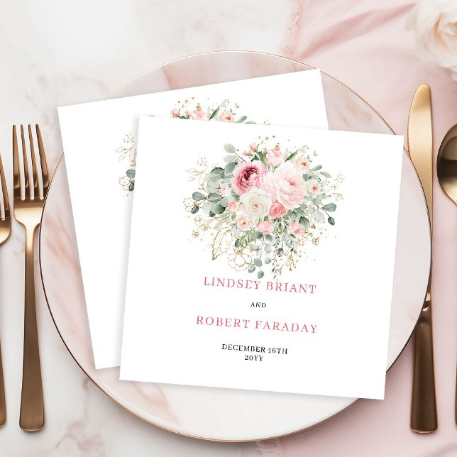 Guardanapos de casamento em rosa cor-de-rosa e euc (Boho Blush Roses Eucalyptus Gold Wedding Napkins)
