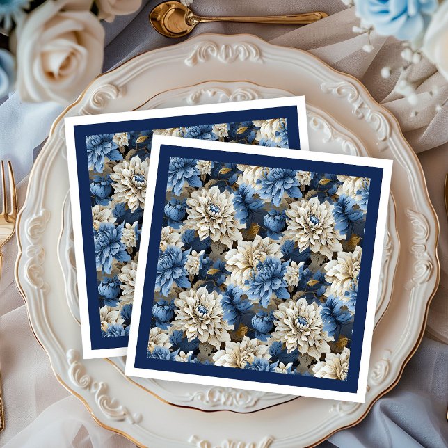 Guardanapos de casamento florais azul naval e marf (Chic Navy Blue Ivory Floral Wedding Napkins)