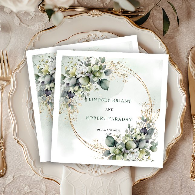 Guardanapos de casamento florais em verde rústico  (Rustic Green and Gold Floral Wedding Napkins)