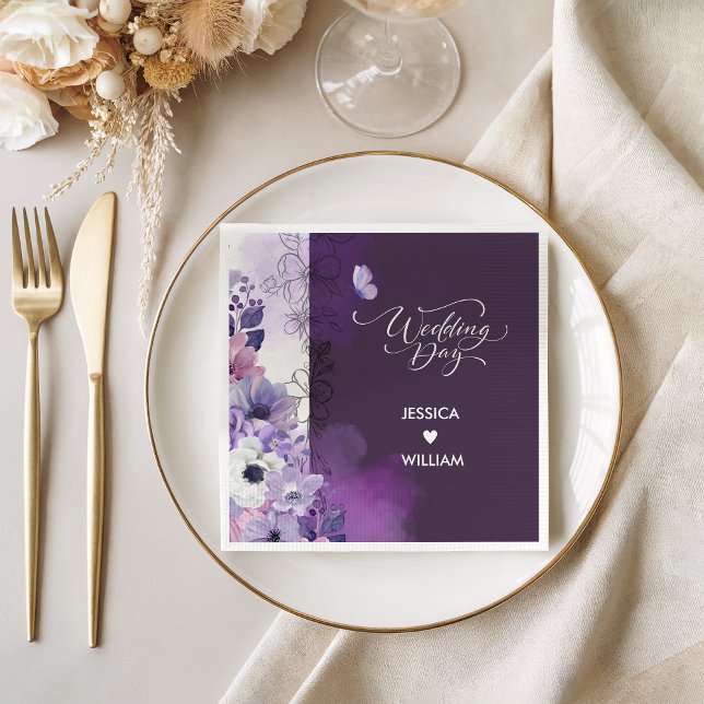 Guardanapos de casamento florais roxos borboleta (Criador carregado)