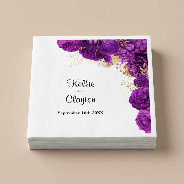 Guardanapos de casamento florais roxos e dourados (Criador carregado)