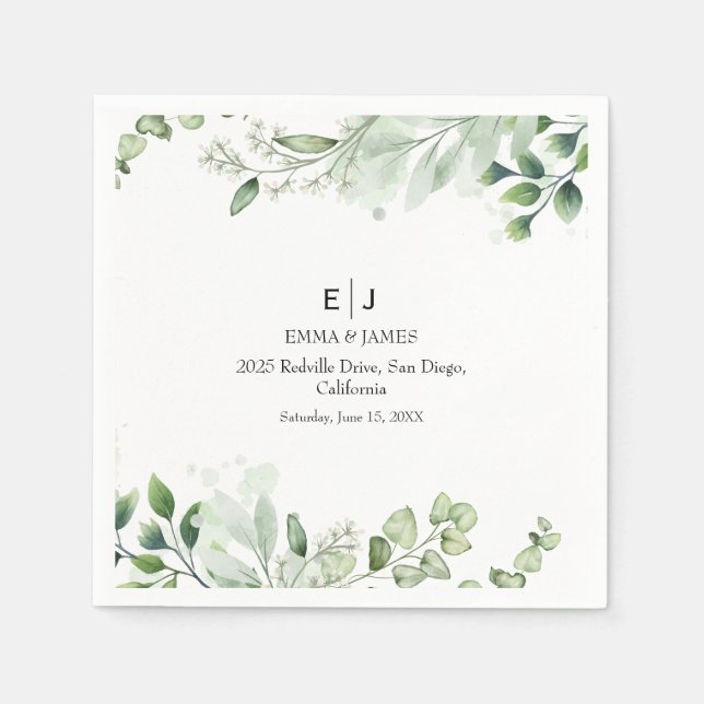 Guardanapos de casamento minimalistas com verde (Frente)