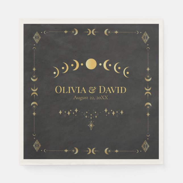 Guardanapos de Casamento Preto e Dourado Celestial (Frente)