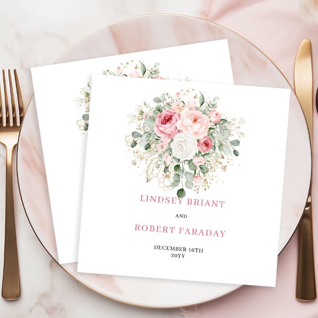 Guardanapos de casamento Refined Boho Blush Rose E (Refined Boho Blush Rose Eucalyptus Wedding Napkins)