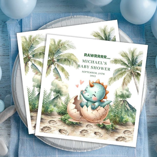 Guardanapos de Chá de Bebê Dinossauro Azul Fofo Na (Cute Blue Dino Baby Shower Hatching Soon Napkins)