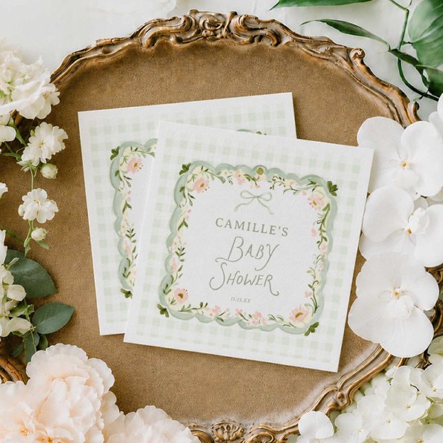 Guardanapos de Chá de Bebê Xadrez Verde (Sage Green Gingham and Bow Baby Shower Paper napkin)