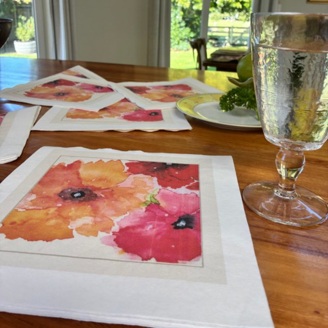 Guardanapos de Cocktail com Aquarela Floral | Fest (Bright watercolor poppy napkin for stylish entertaining and garden-party tables.)