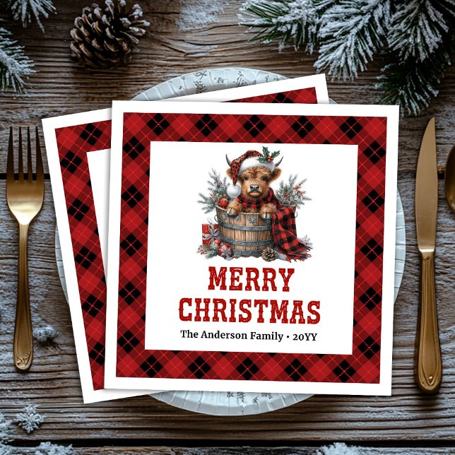 Guardanapos de férias caprichosos com vaca das Ter (Whimsical highland cow holiday napkins buffalo plaid tones

)