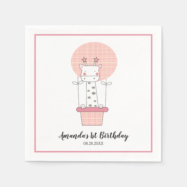 Guardanapos de festa de um ano da menina com giraf (Frente)