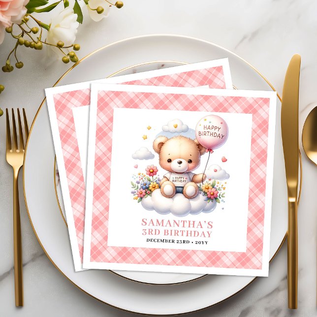 Guardanapos de festa florais com balão de ursinho  (Cute teddy bear balloon blush floral party napkins

)