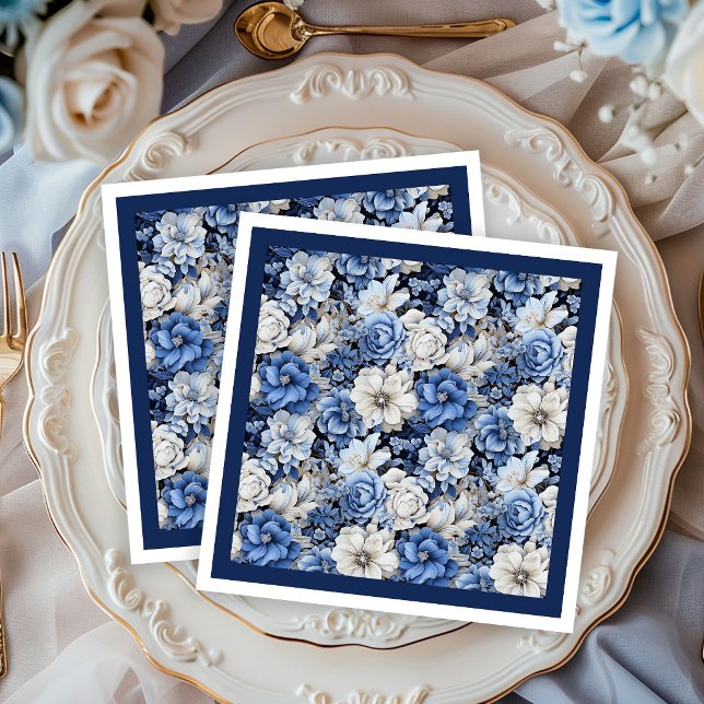 Guardanapos de festa macios florais branco marfim  (Chic Navy White Ivory Floral Soft Party Napkins)