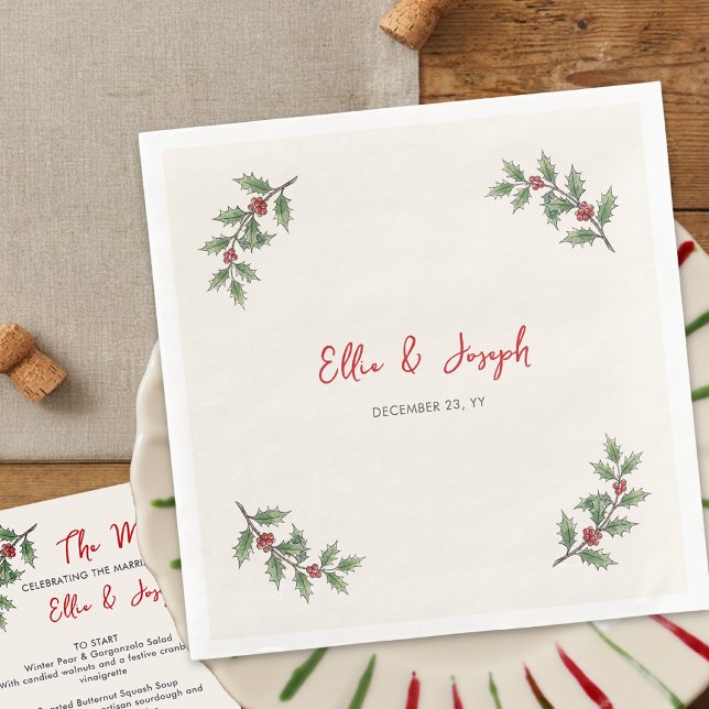 Guardanapos de Jantar de Natal com Bordas de Azevi (Dinner Napkin from the Whimsical Champagne Tower Holiday Wedding Collection by Darling & May)