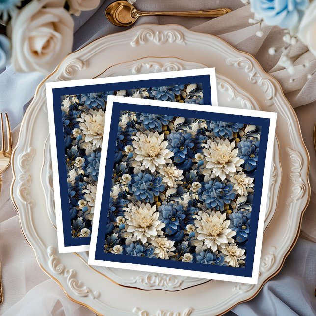 Guardanapos de Jantar Florais Branco Marfim Luxo N (Luxury Navy Ivory White Floral Dinner Napkins)