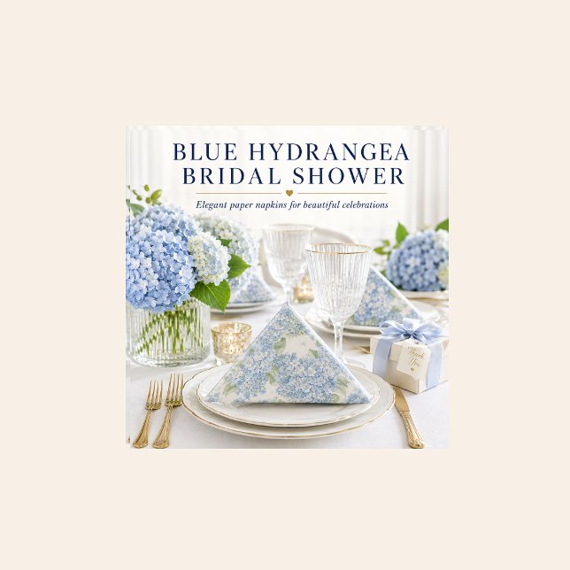 Guardanapos de Jantar Florais de Hortênsia Azul (Elegant blue hydrangea paper napkins styled for bridal showers, weddings and garden celebrations.)