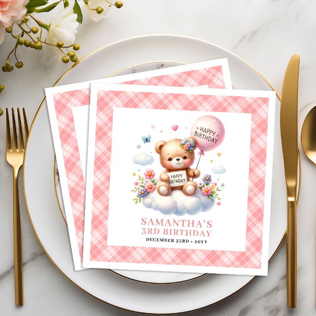 Guardanapos de menina florais com blush de balão d (Chic teddy bear balloon blush floral girl napkins

)