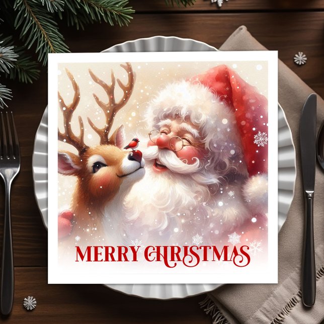 Guardanapos de mesa felizes Natal Santa Rúfolo (Happy Santa Rudolph Holiday Table Napkins)