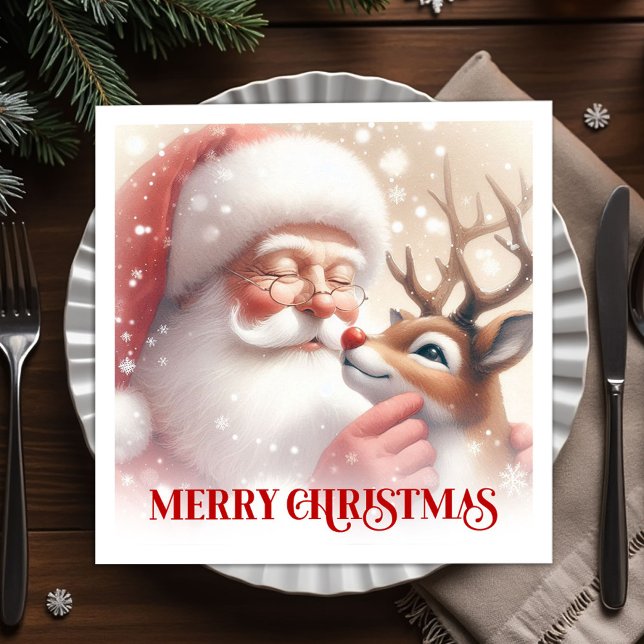 Guardanapos de mesa Natal Cozy Santa Rudolph (Cozy Santa Rudolph Holiday Table Napkins)