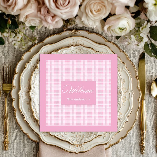 Guardanapos de Mesa Rosa Personalizados com Estilo (Personalized Pink Table Napkins Modern Tartan Look)