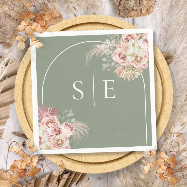 Guardanapos de Monograma com Arco de Grama de Pamp (Boho Sage Green Pampas Grass Arch Monogram Napkins)