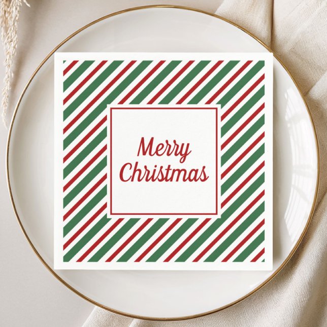Guardanapos de Natal Alegre com Listras Vermelhas  (Green Red Stripes Pattern Merry Christmas Napkins)