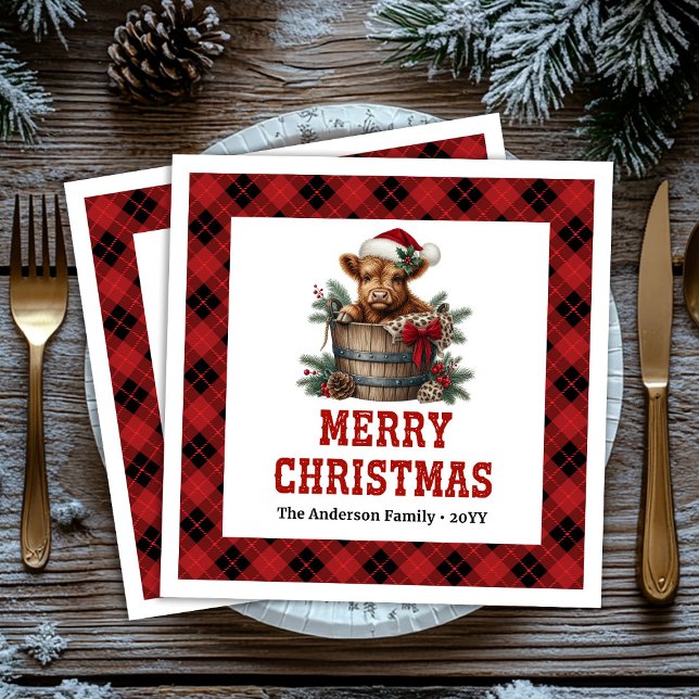 Guardanapos de Natal clássicos de boi das Terras A (Classic highland cow Christmas napkins red black plaid joy

)