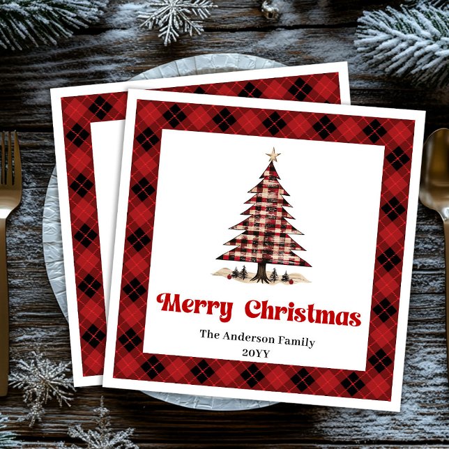Guardanapos de Natal de árvore xadrez vermelha e p (Modern Red Black Plaid Tree Christmas Napkin)