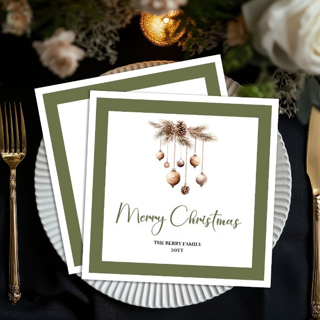Guardanapos de Natal Suave Neutro com Nome da Famí (Soft Neutral Christmas Baubles Family Name Napkins)
